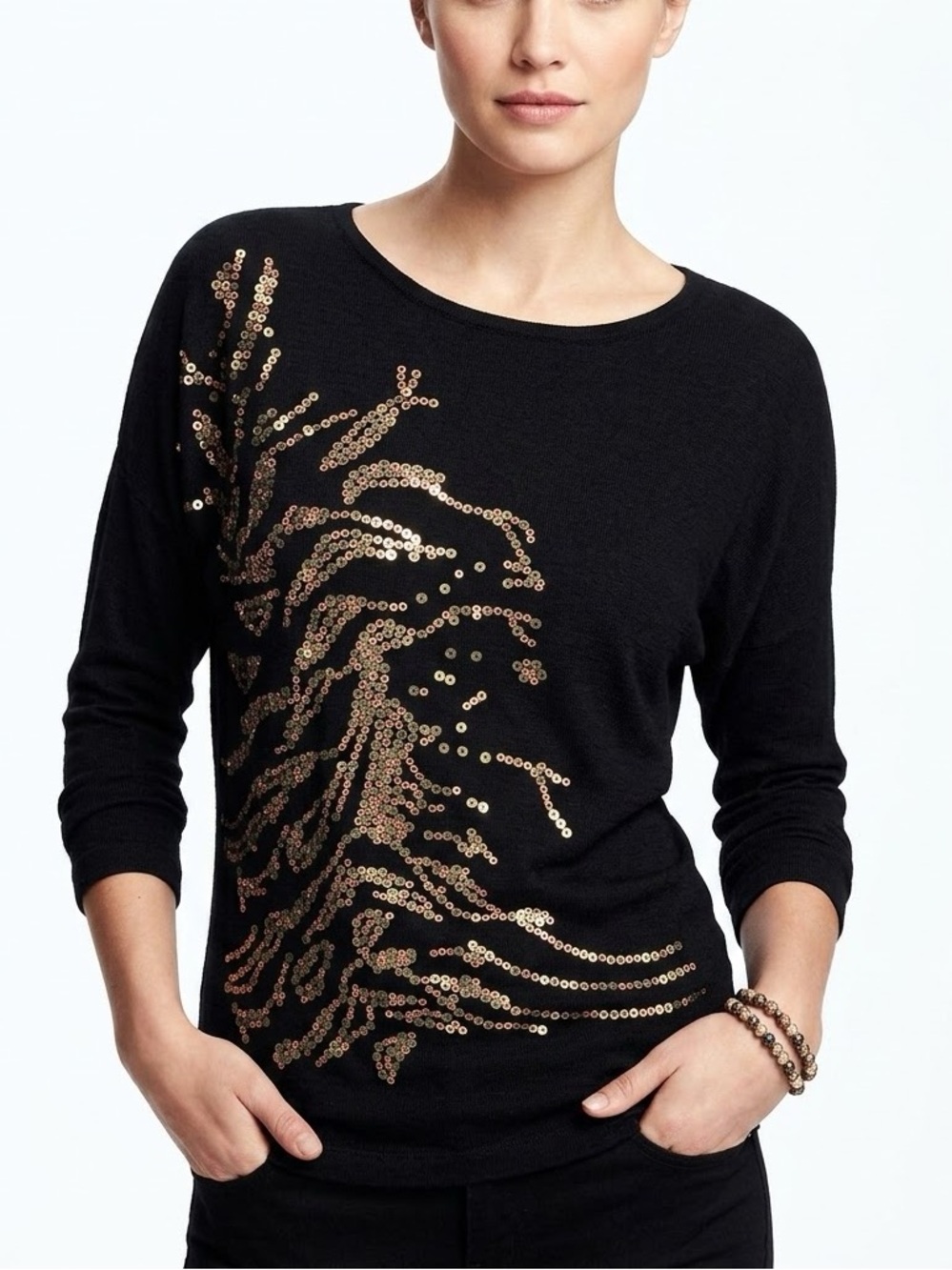 CABI Cherie Black Sequin Dolman Tee Top Style #152 Women's Size XS